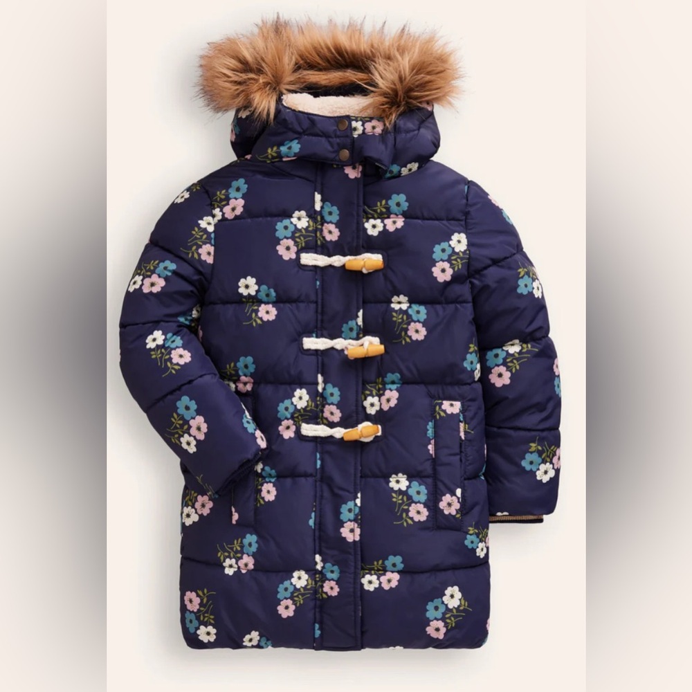 NWT!! Mini Boden Navy Floral Puffer Jacket- Size 6/7.